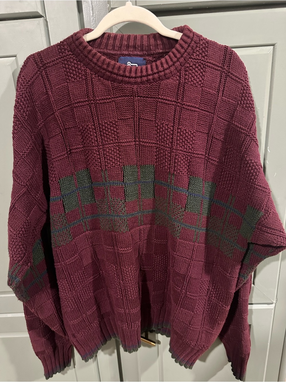 Vintage Men’s Maroon Woolrich Sweater with Green Check Detail
